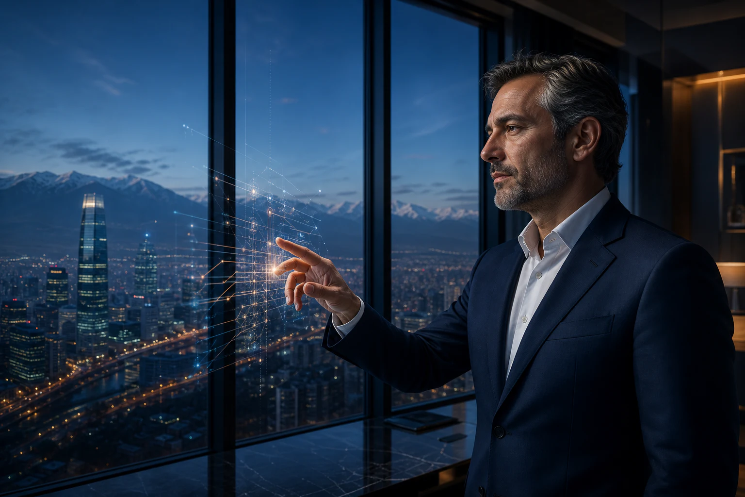 Un ejecutivo opera tecnología desde una oficina en altura con Santiago y la cordillera de los Andes al fondo